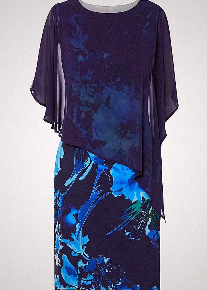 Etuikleid mit Überwurf Gr. 36/38 Blau Geblümt Mini-Abend-Party-Cocktailkleid Neu