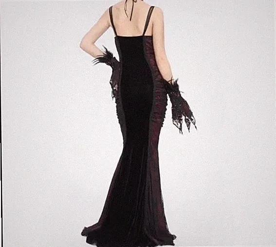 Eva Lady Black And Red Retro Gothic Velvet Lace Applique Sexy Maxi Slip Dress