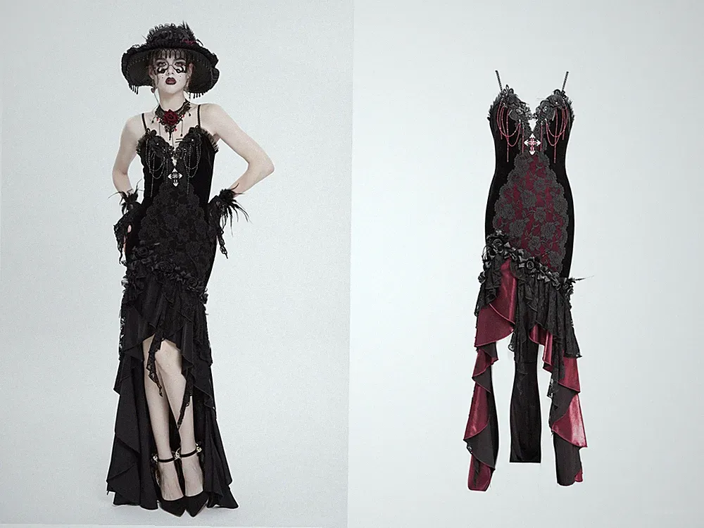 Eva Lady Women Black Gothic Embroidered Irregular Ruffled Velvet High-Low Dress