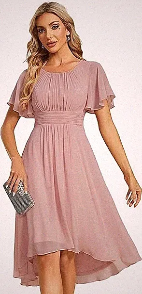 Ever-Pretty Damen Chiffon Rundhalsausschnitt Plissee Taille Knielang-Dusty Rose UK 14