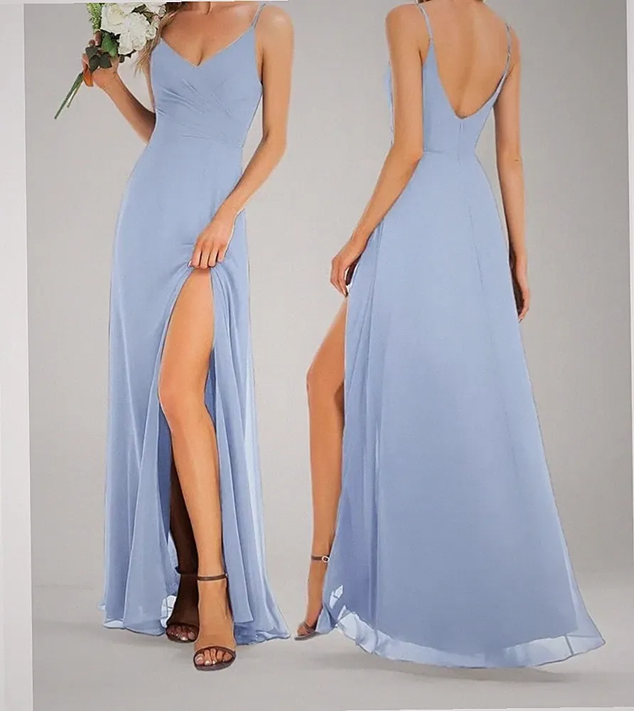 Ever-Pretty Damen Kleid A-Linie Spaghettiträger lang Abschlussball, Schlitz, Eisblau 10UK