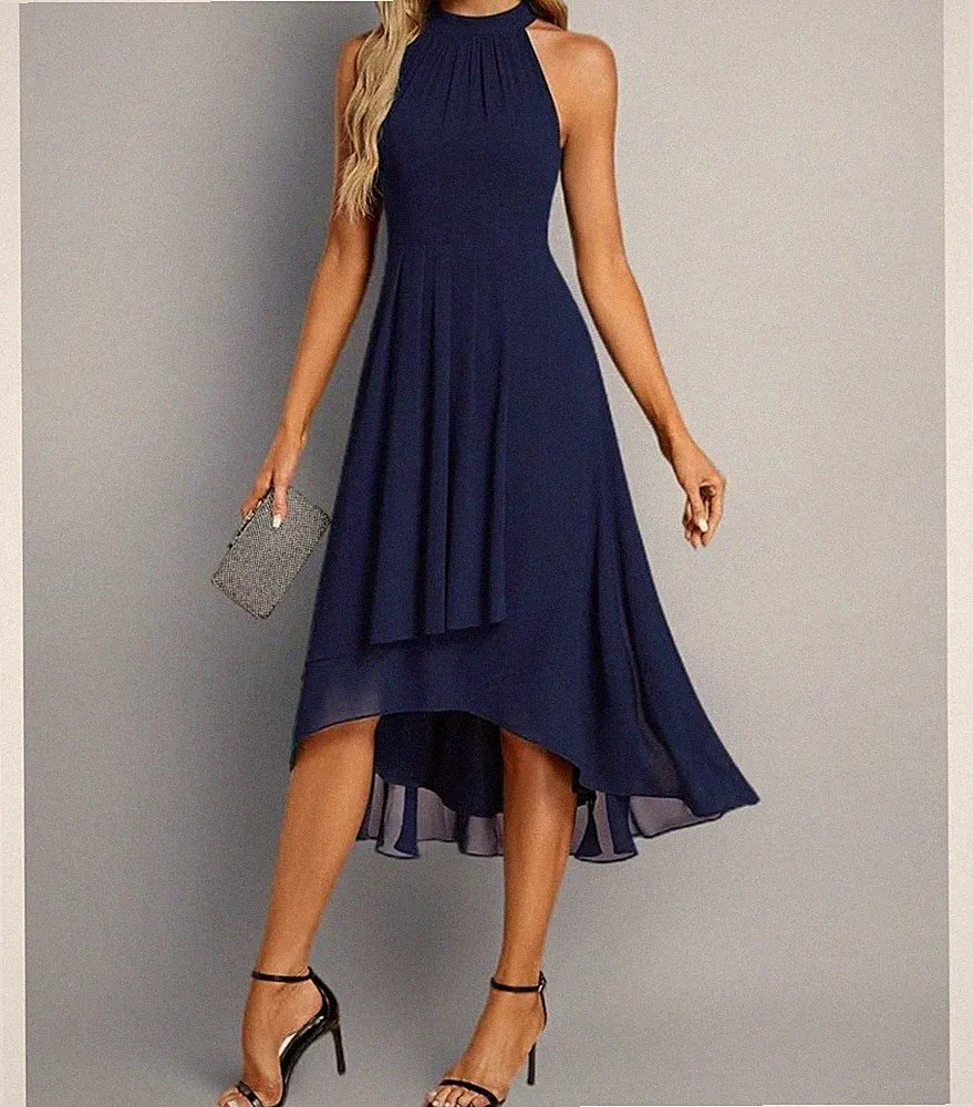 Ever-Pretty Damen Kleid Midi Neckholder Chiffon Hochzeitsgast A-Linie, Navy 20