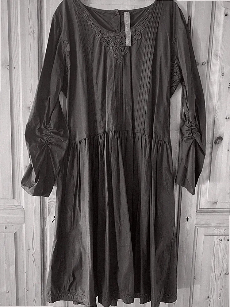 Ewa i Walla A-Linien-Kleid Midi Langarm Baumwolle XL schwarz unifarben Knopf