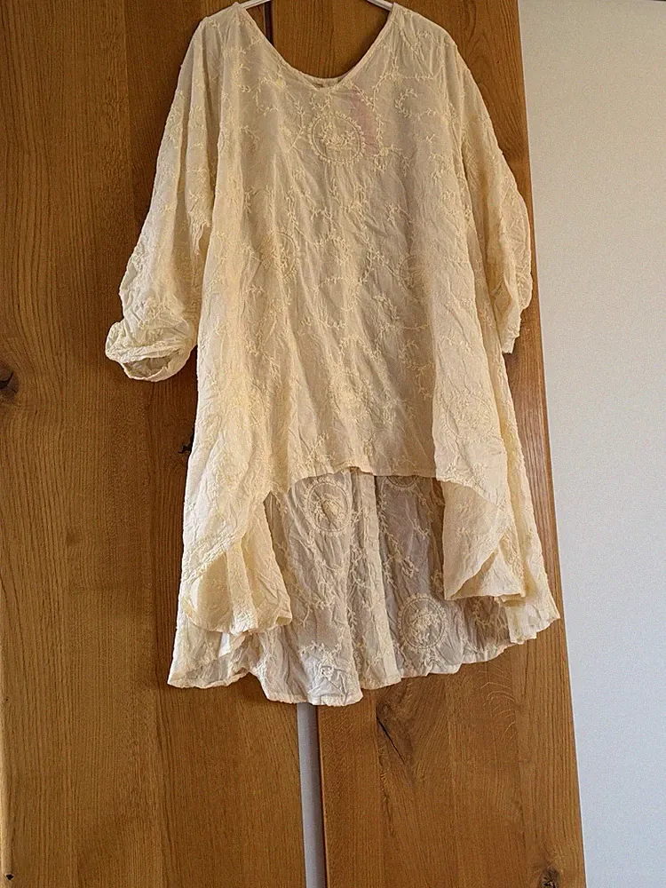 Ewa i Walla Damen Midi A-Linien Kleid weiß Baumwolle bestickt 3/4 Ärmel