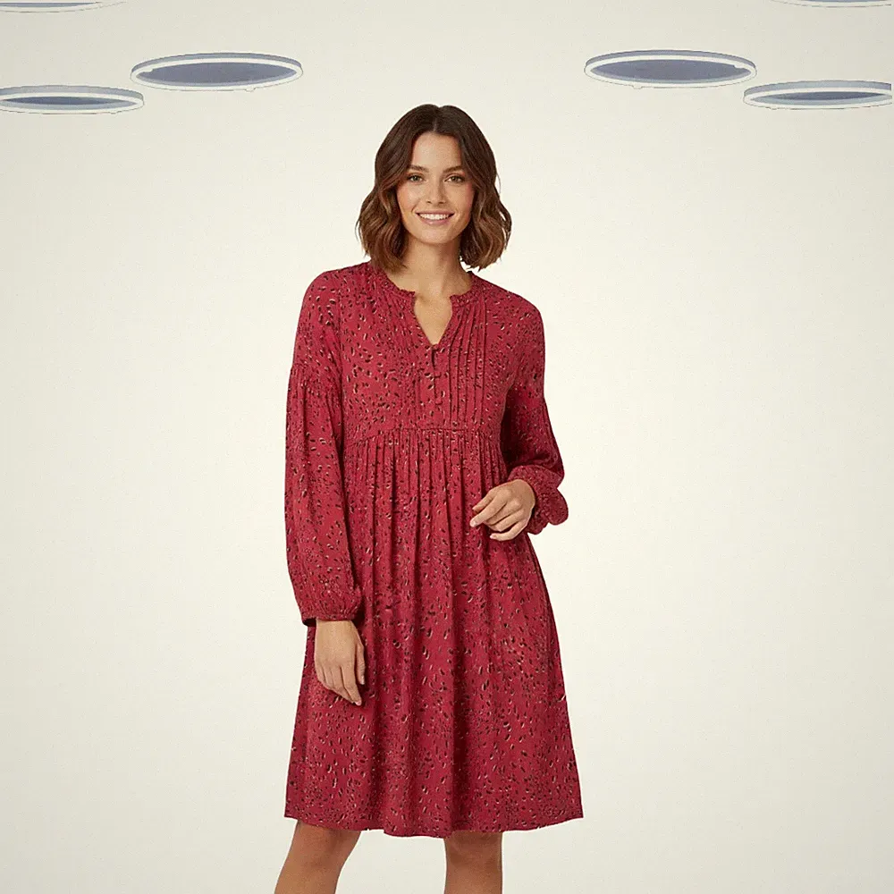 Ex Fat Face Damen Kleid - Langarm bedruckt Biesen rosa (leichter Defekt)