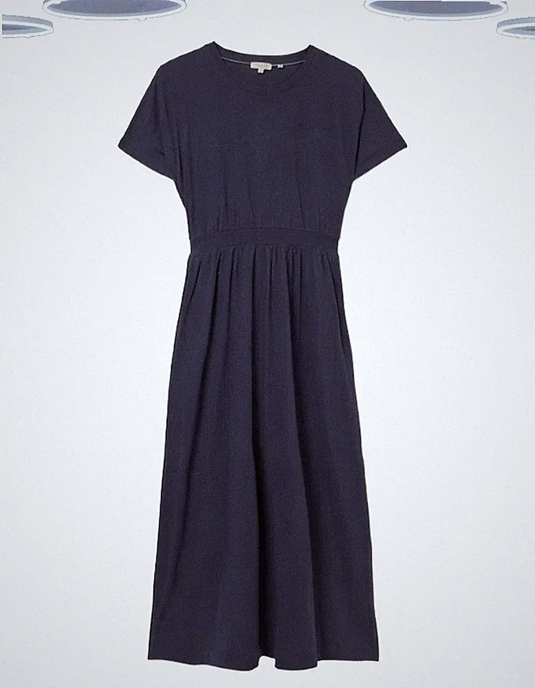 Ex Fat Face Navi Cotton Stretch Smock Round Neck Midi Dress (Slight Defekt) 57£