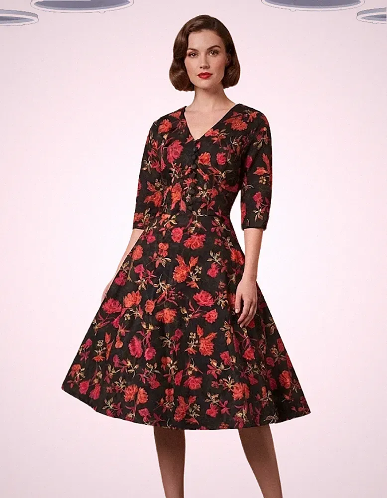 Ex Joe Browns Kleid Blumenmuster Damen Midi Tag - Abend schwarz (leichter Defekt)