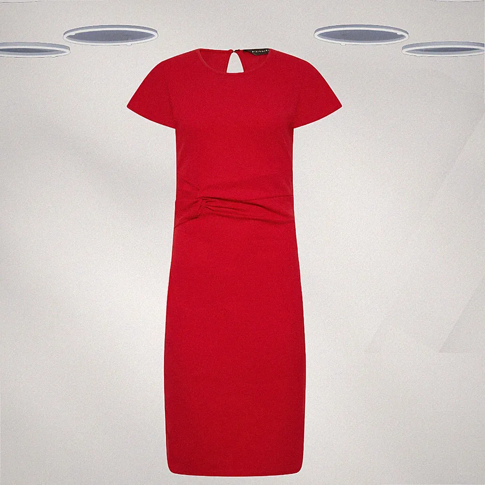 Ex LTS Damen Midikleid Rot Kurzarm Knoten Twist