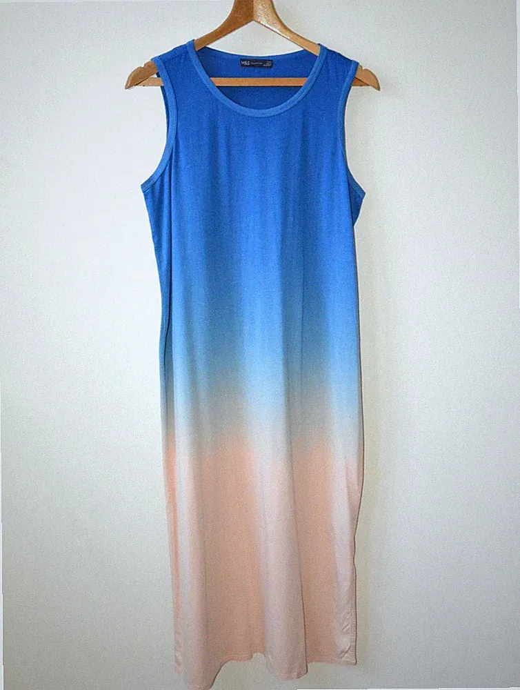 EX M & S BLAU + ROT OMBRE ÄRMELLOS 100 % BAUMWOLLE T-SHIRT KLEID GRÖSSE 8-10-12-14-16