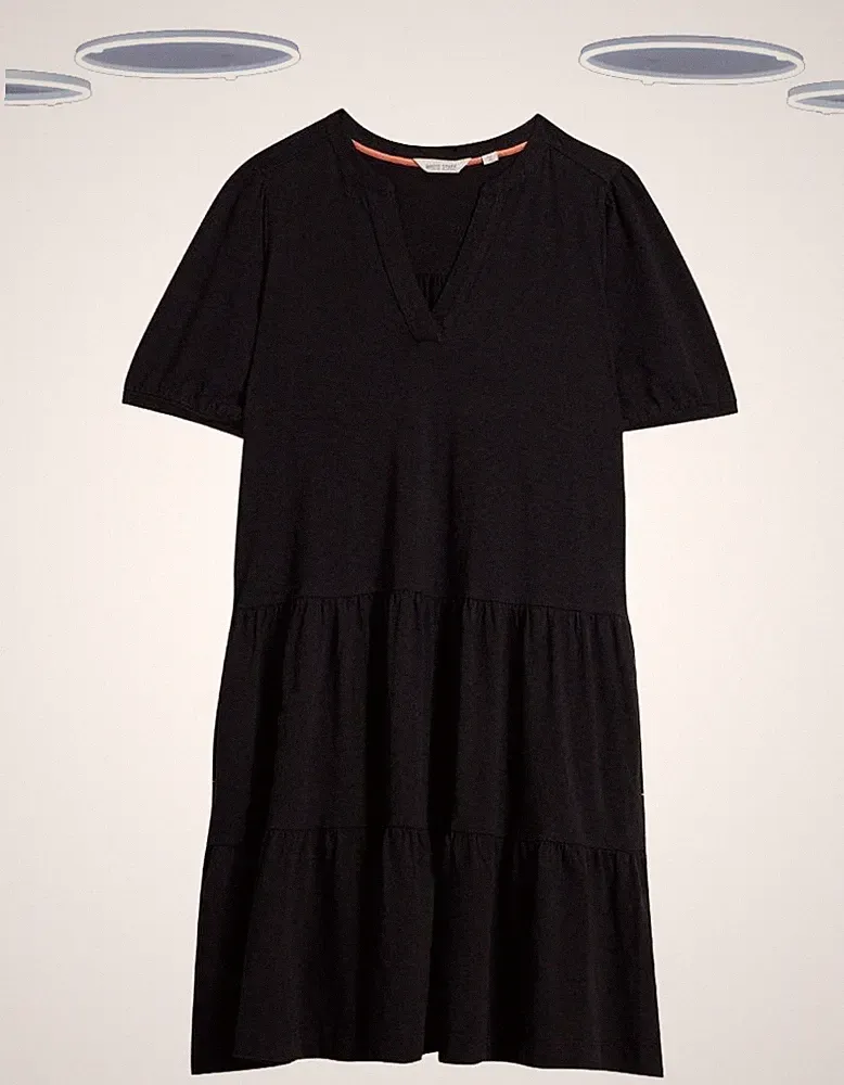Ex White Stuff Damen Kleid - Carla Stufen Kurzarm Jersey einfarbig schwarz