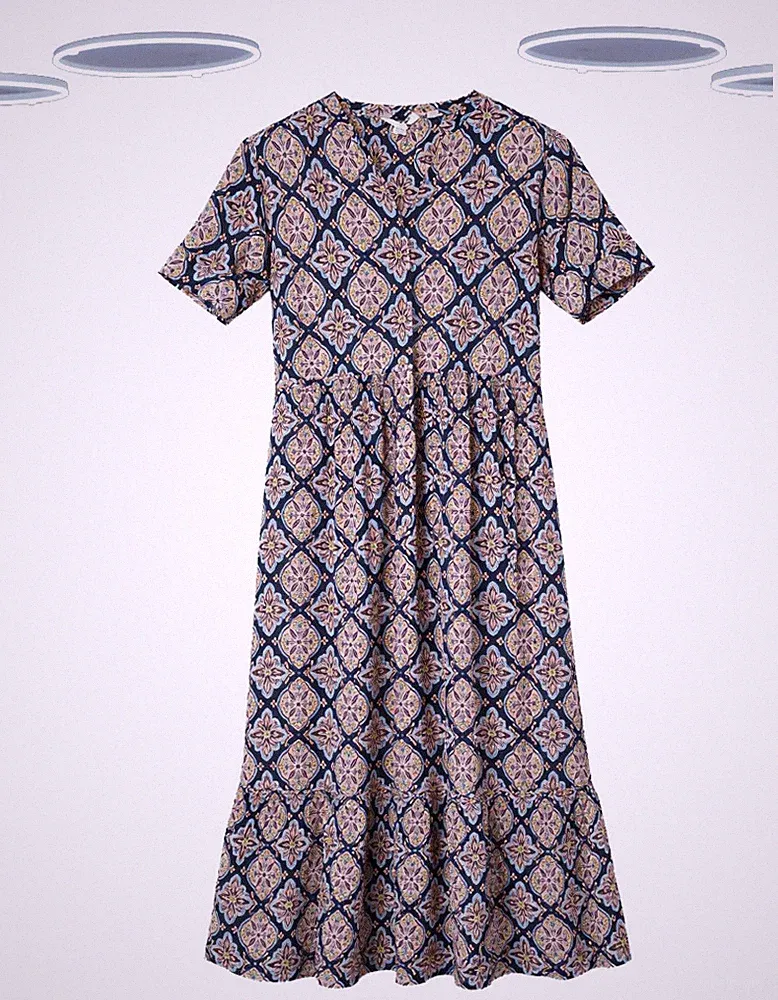 Ex White Stuff Damen Midikleid - Boho-Chic Geometrisches Kurzarm Jersey Blau