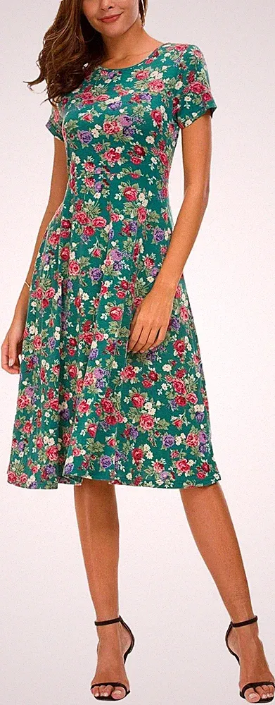 EXCHIC Damen Freizeit Rundhals A-Linie Kurzarm Midi Kleid Elegant Blumen Sommer