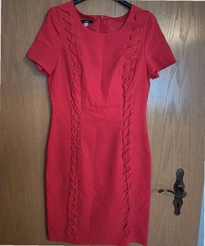 exclusive Damen Etuikleid Gr. 34 rot Kurzarm Rundhals knielang Schnürung ZIP