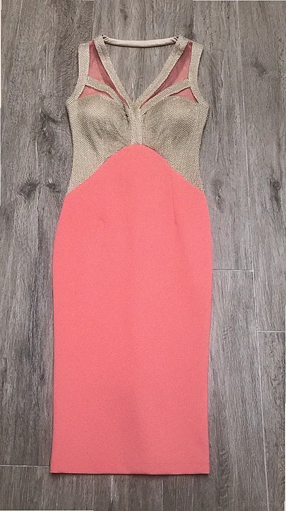 EXPLOSION Midikleid Koralle & Gold Metallic Illusion Ausschnitt Gr. 36 Small