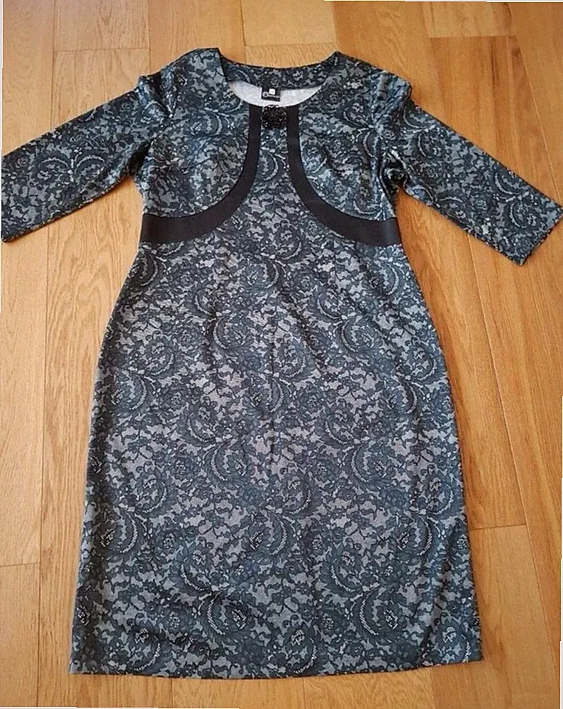 F.ashion Damen Etuikleid Grau/Schwarz Blumen 3/4 Arm Gr.42. 44