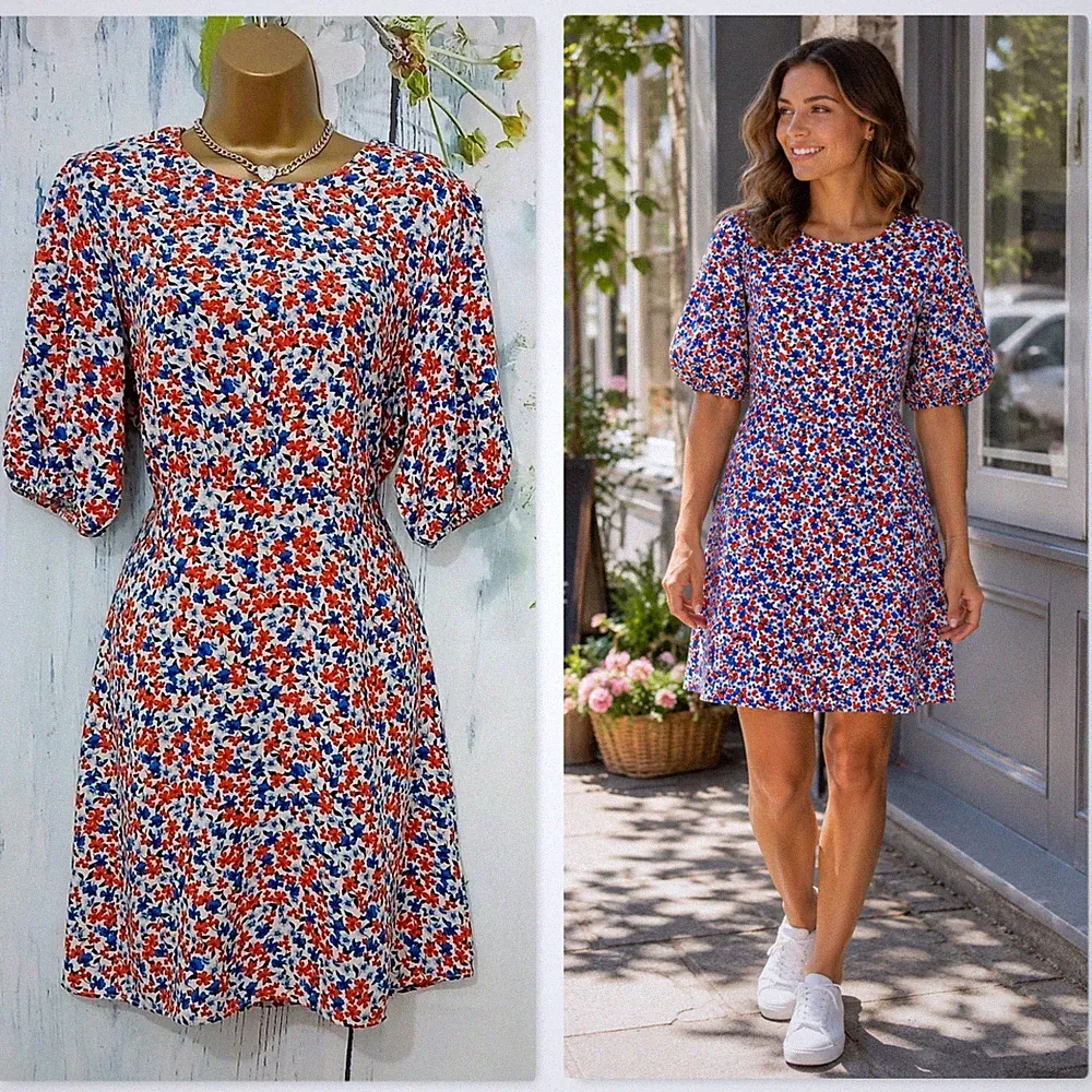 F&F Blumenkleid Größe 14 Stretch Taille Viskose Sommer Tee Kleid Freizeit