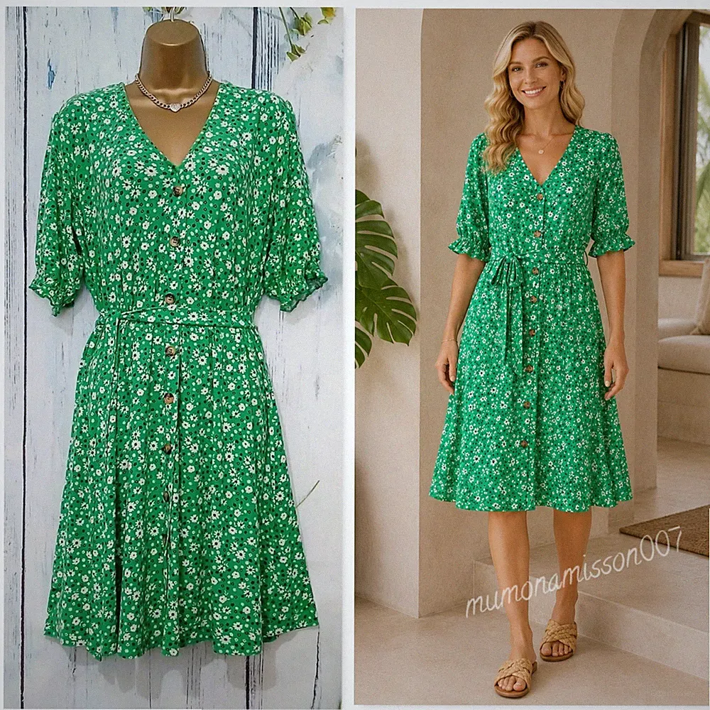 F&F Tee-Kleid grün Blumen Gürtel Größe 20 Stretch V-Ausschnitt Stretchbündchen