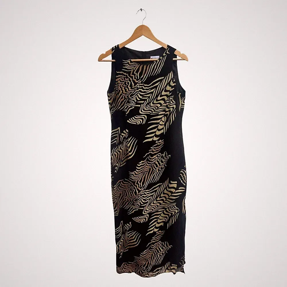 Fabiani Kleid Gr 40 Schwarz Gold Etuikleid Damenkleid Ärmellos Elegant Viskose
