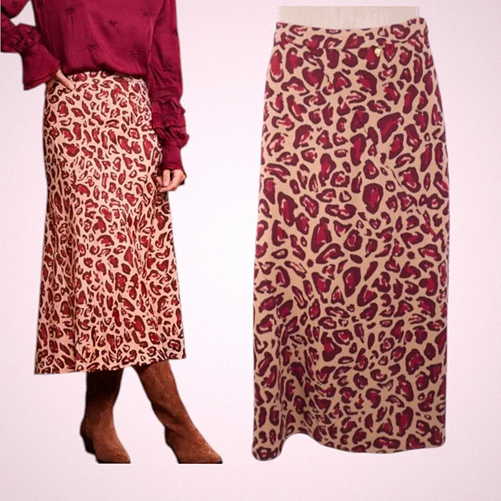 Fabienne Chapot Rock Leopardenmuster Burgund Beige Midi Claire UK 6 34
