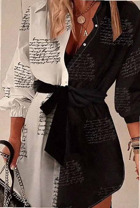 Farbblock-Hemdkleid Mit Knopfleiste Vorne, lässig, langärmlig, Kleid Mit Gürtel