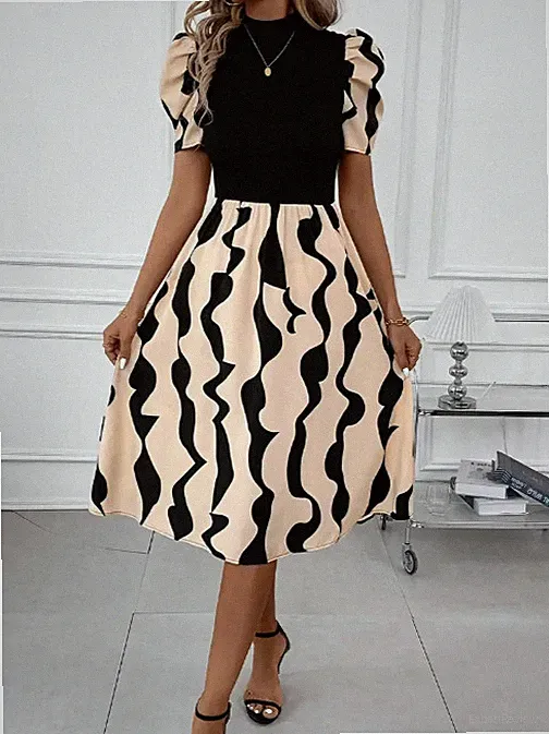 Farbblock Mock Neck Kleid, Elegantes Puffärmel A-Linien Midi-Kleid für Frühling