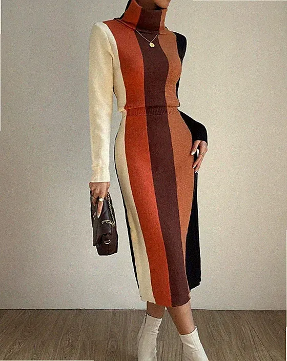 Farbblock-Rollkragen-Etuikleid, stylisch, langärmlig, gestreiftes Strickkleid