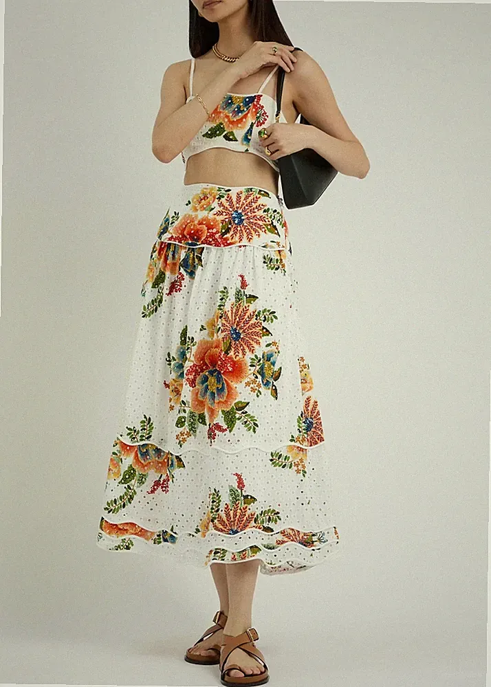 Farm Rio Delicate Garden Off White Cotton Broderie Anglaise Midirock XL UK 20