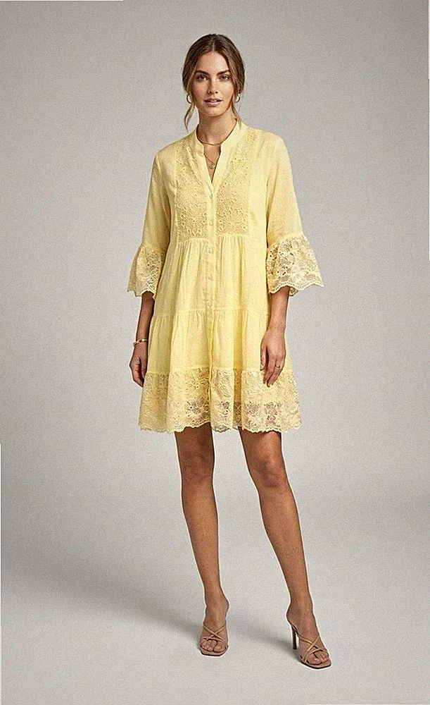 Fashions Paradise Damen A-Linien Spitzenkleid kurz V-Ausschnitt 3/4 Glockenärmel