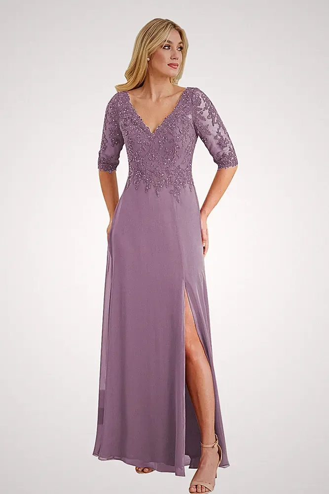 Festliche Kleid Abendkleider V-Ausschnitt Brautmutterkleider Hochzeitsgast Kleid