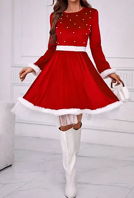 Festliches Weihnachtskleid für Damen, Polyester Rotes Weihnachtsmannkostüm