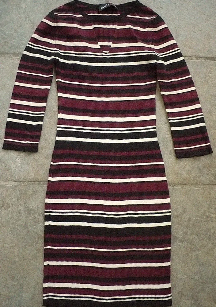 Figurbetontes Kleid Etuikleid, Rippstrick, 3/4 Arm, gestreift, Gr. 32, Melrose