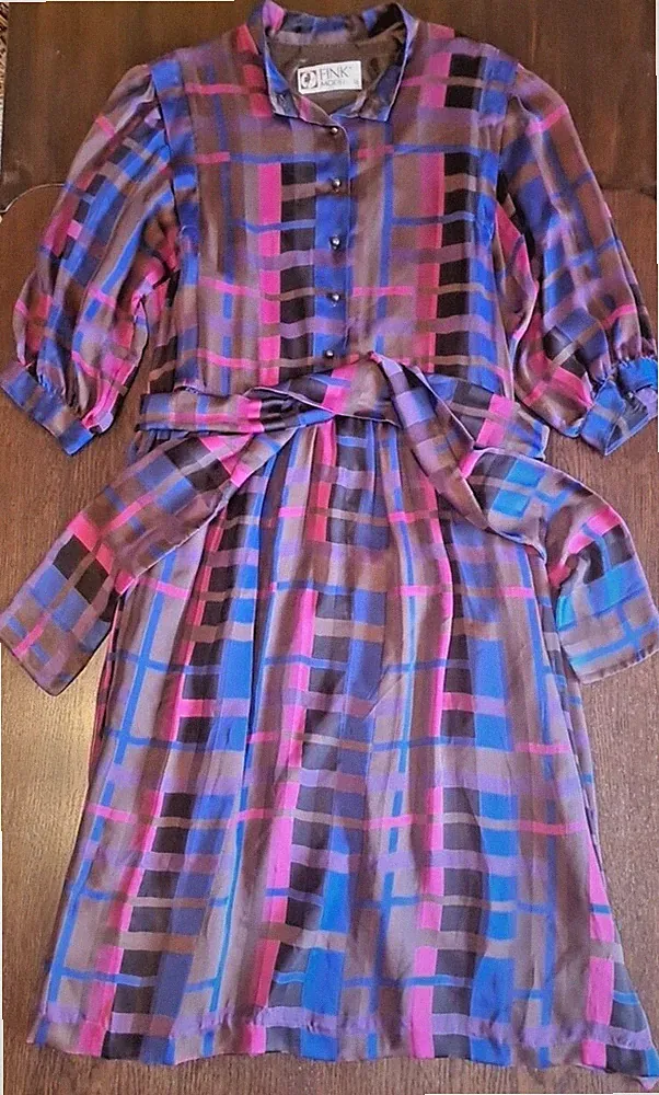 FINK Modellkleid Damen Gr. 46 Kariert Midi A-Linie Gürtel Vintage Elegant