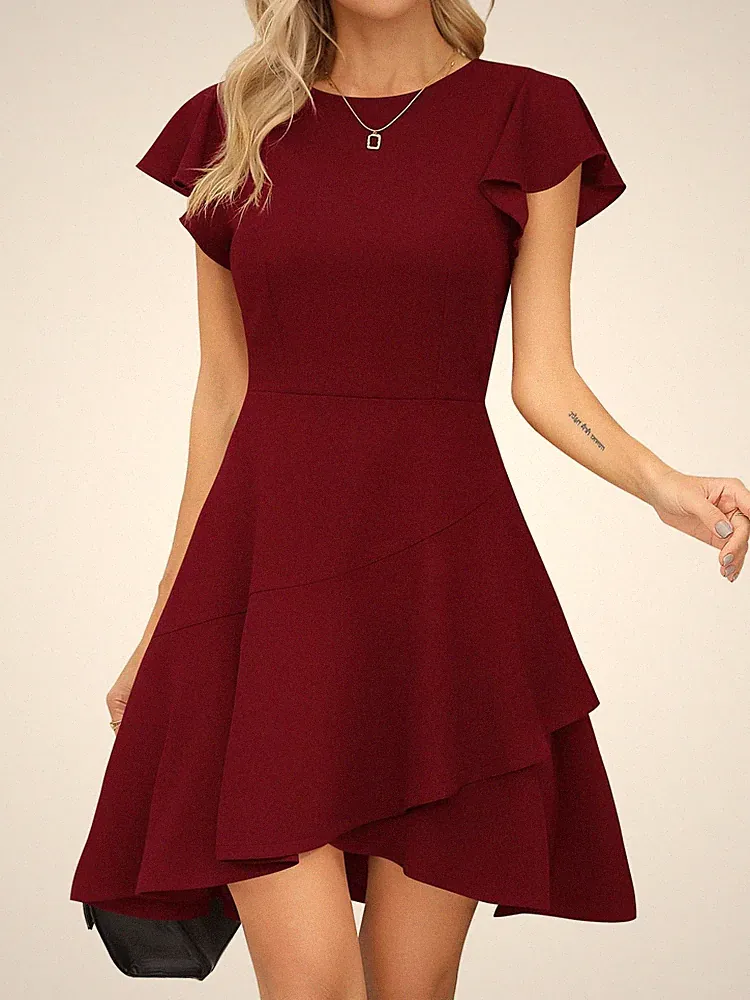 Flatterärmel Cocktailkleid Rundhalsausschnitt Rüschen Partykleid Damen A Lini...