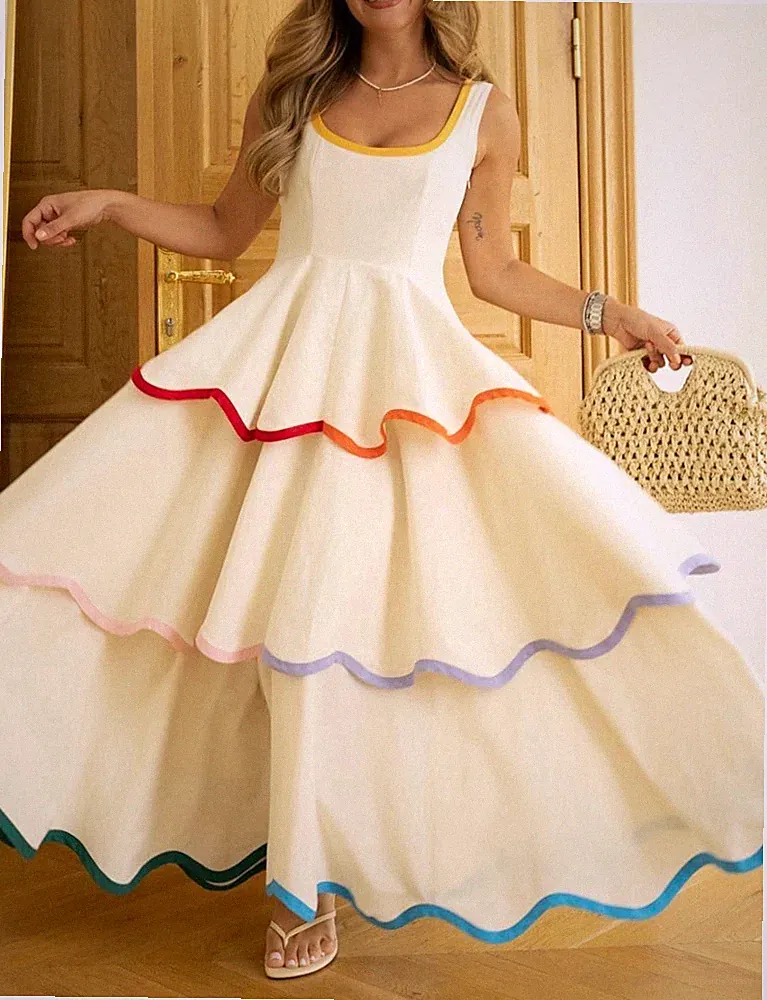 flow Damen Maxi A-Linien-Kleid S weiß mehrlagig Baumwolle Rüschen, ärmellos