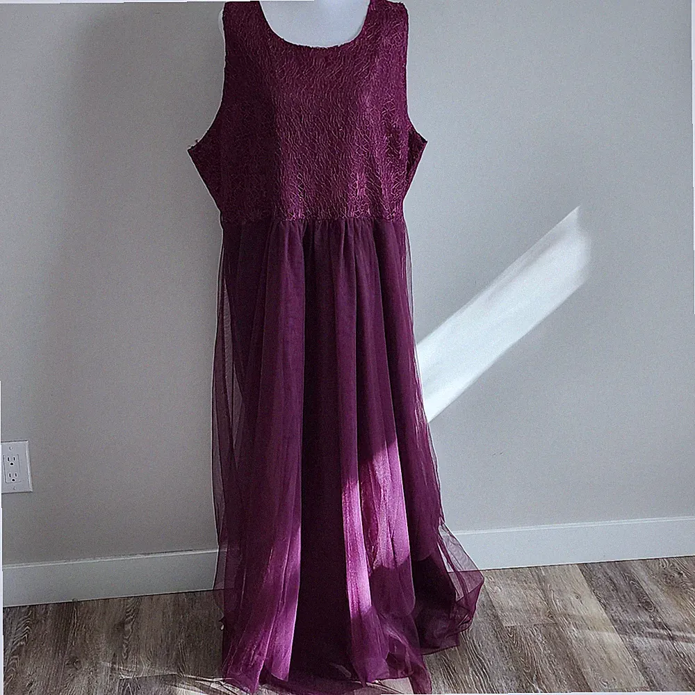 Flycurvy Lace Tulle Maxi Dress Womens 2XL Purple Gown Formal Wedding Guest