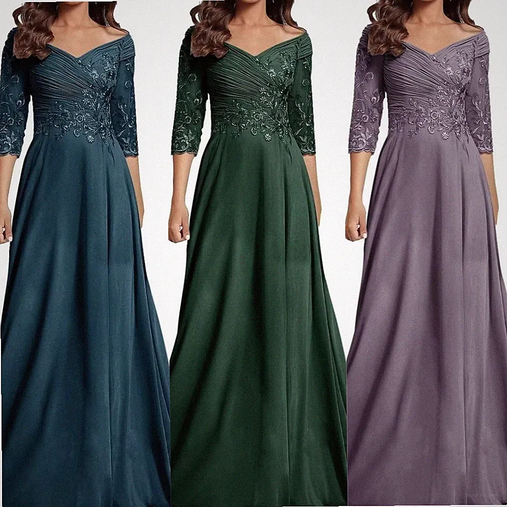 Formales Kleid V-Ausschnitt Braut Kleider Chiffon Spitze Hochzeit Gast Kleid