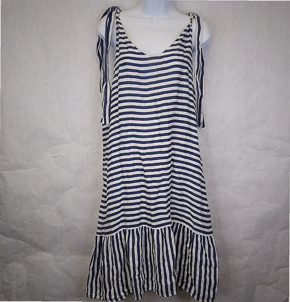 Francesca Bettini Linen Shift Sun Dress Women L Blue White Stripe Tie Shoulder