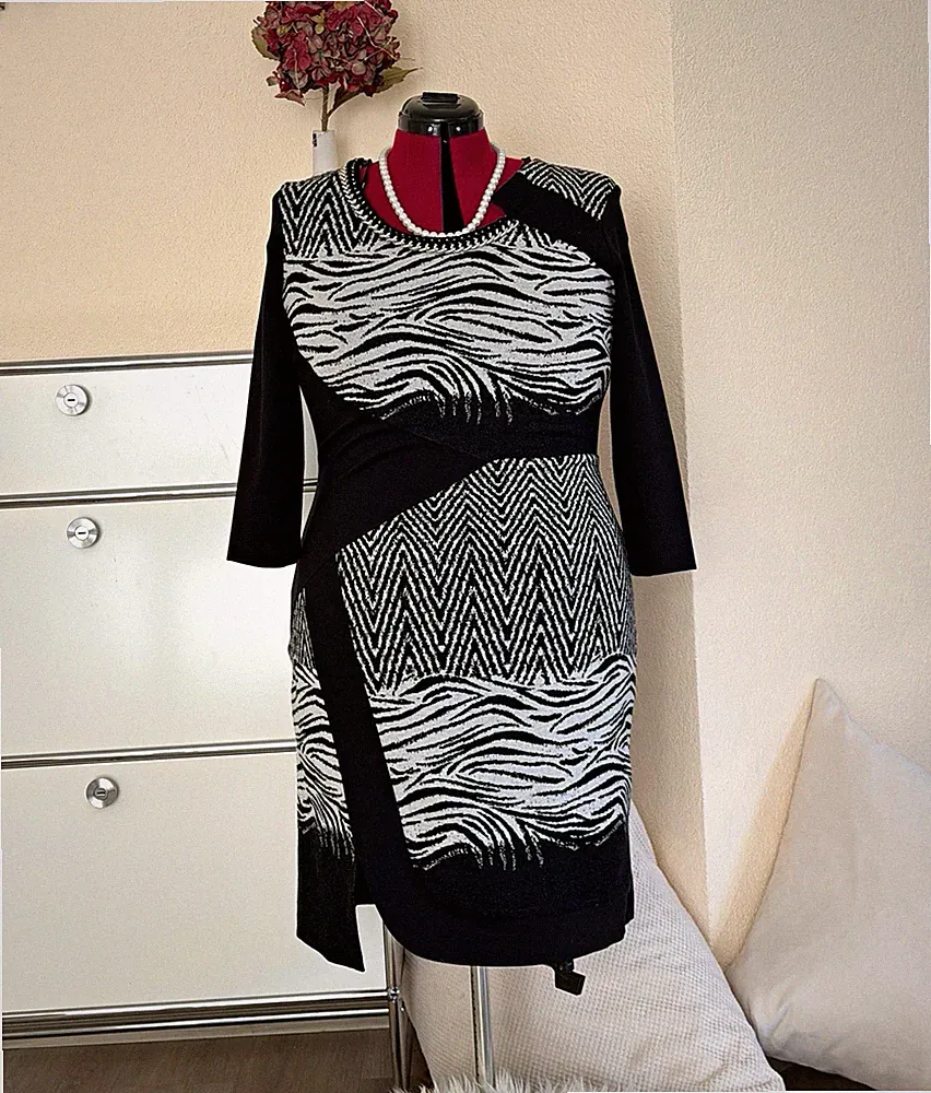 Frank Lyman Etui-Kleid Gr. 44/46 schwarz/weiß Zebra 3/4-Arm Jersey knielang