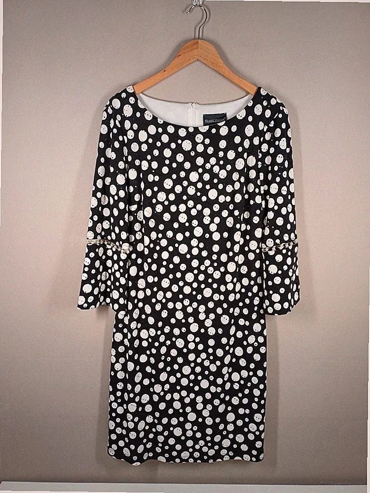 Frank Lyman Kleid Damen UK 14 schwarz weiß gepunktet Perlendetail Stretch Midi