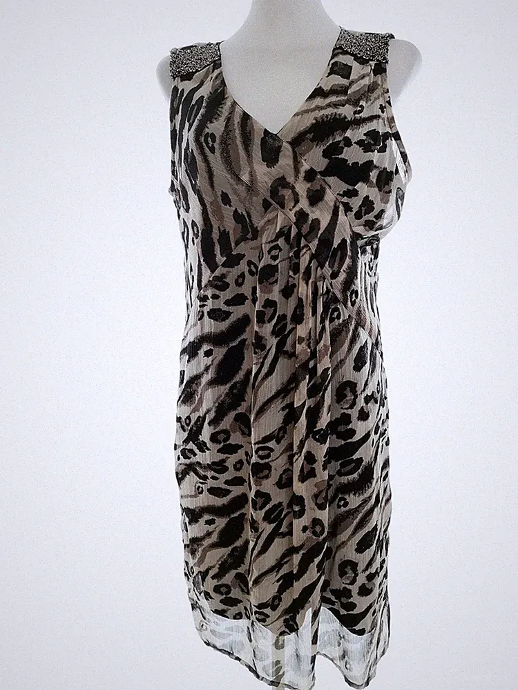 FRANSA Damen Kleid Gr. 38 Grau Ärmellos Kristalle Leopardenmuster Midi