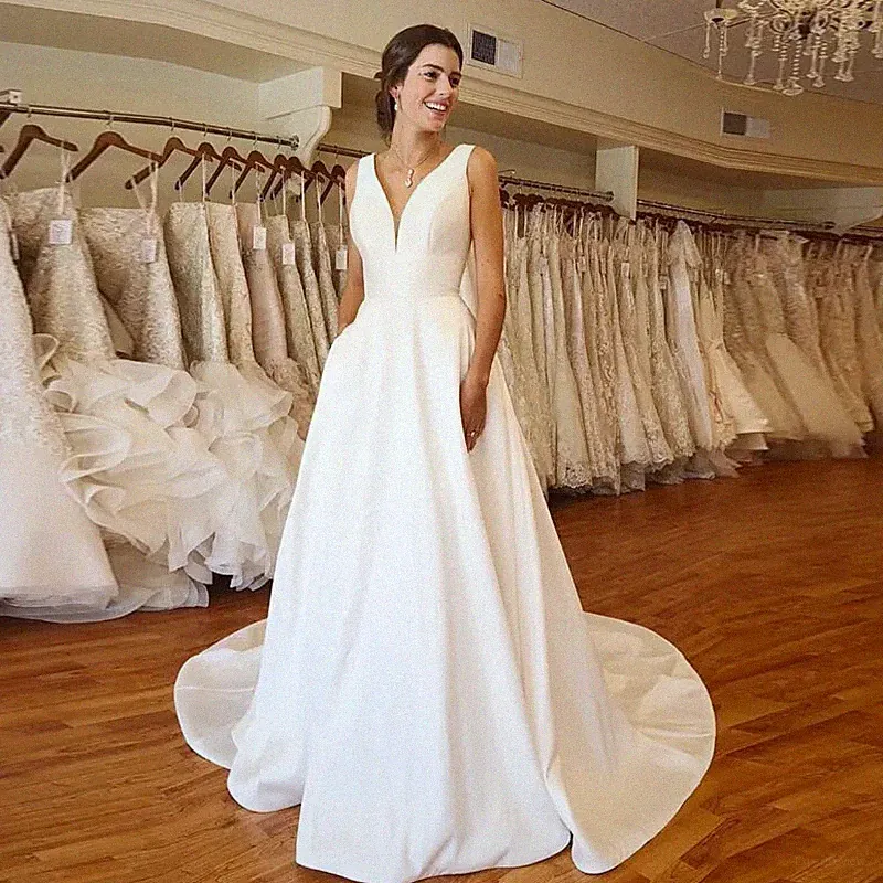 Frau Brautkleid V-Ausschnitt Brautkleid Weiß Satin Elfenbein A-Linie Kleid