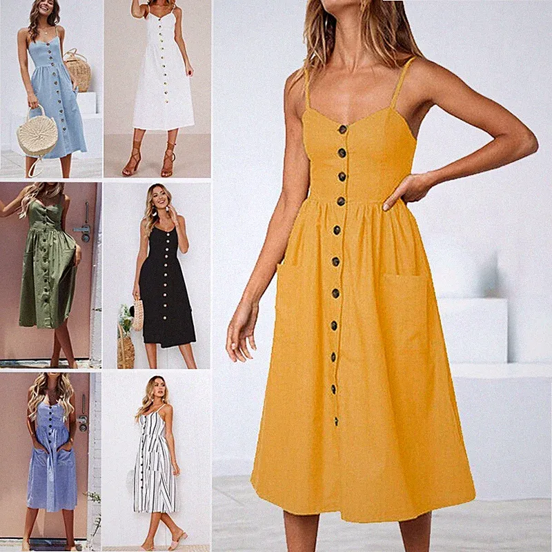 Frauen ärmelloses Kleid Cami Midikleid lässige lange Kleider Riemchen Knopf