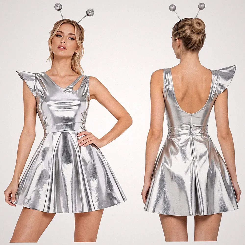 Frauen Alien Cosplay Kostüm A-Linien-Kleid mit Haarreifen Halloween Party Outfit