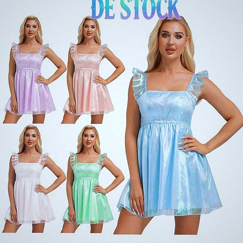 Frauen Partykleid Glitzer Swing Minikleid Rüschen A-Linie Trägerkleid Clubwear