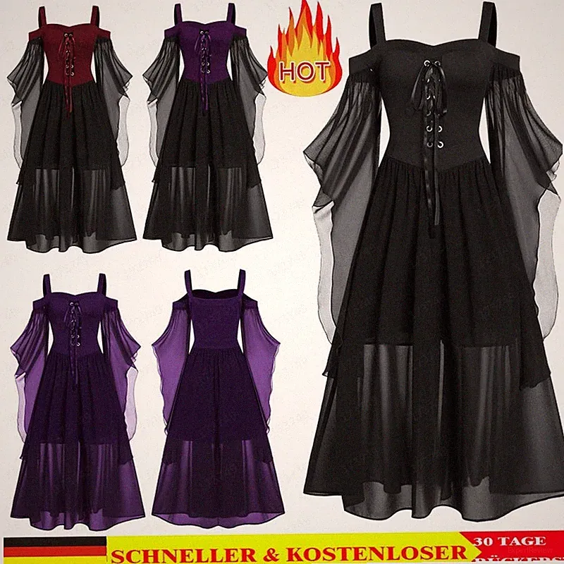Frauen Punk Gothic Ostern Halloween Cosplay Kostüm Hexe Vampir Lang Partykleid