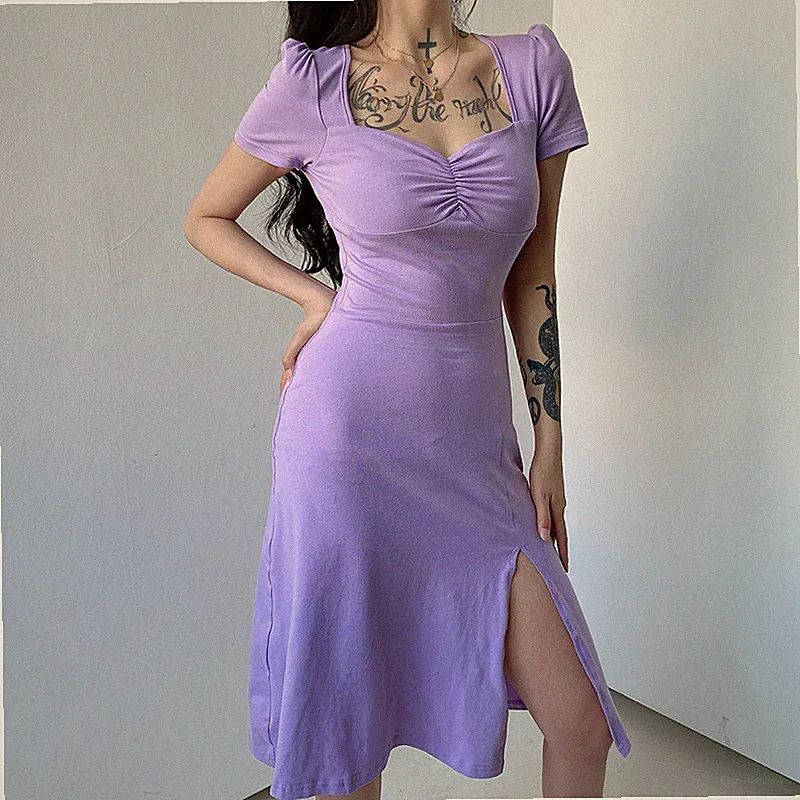 Frauen Sexy Baumwolle Split Kleid Kurz Ärmel Stretch Slim Bodycon Quadrat Kragen