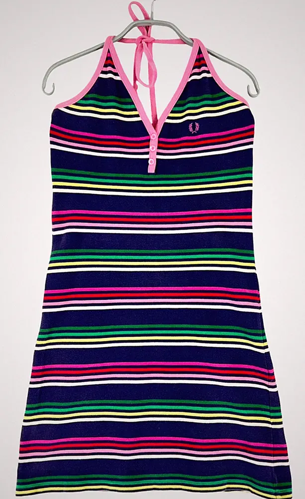 Fred Perry Damen V-Ausschnitt Minikleid Größe 38 - L Gestreift