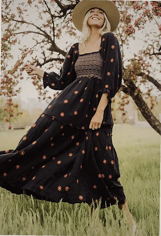 🌿 Free People Black Dahlia Maxikleid Bestickt Shooting Hochzeitsgast XS Boho