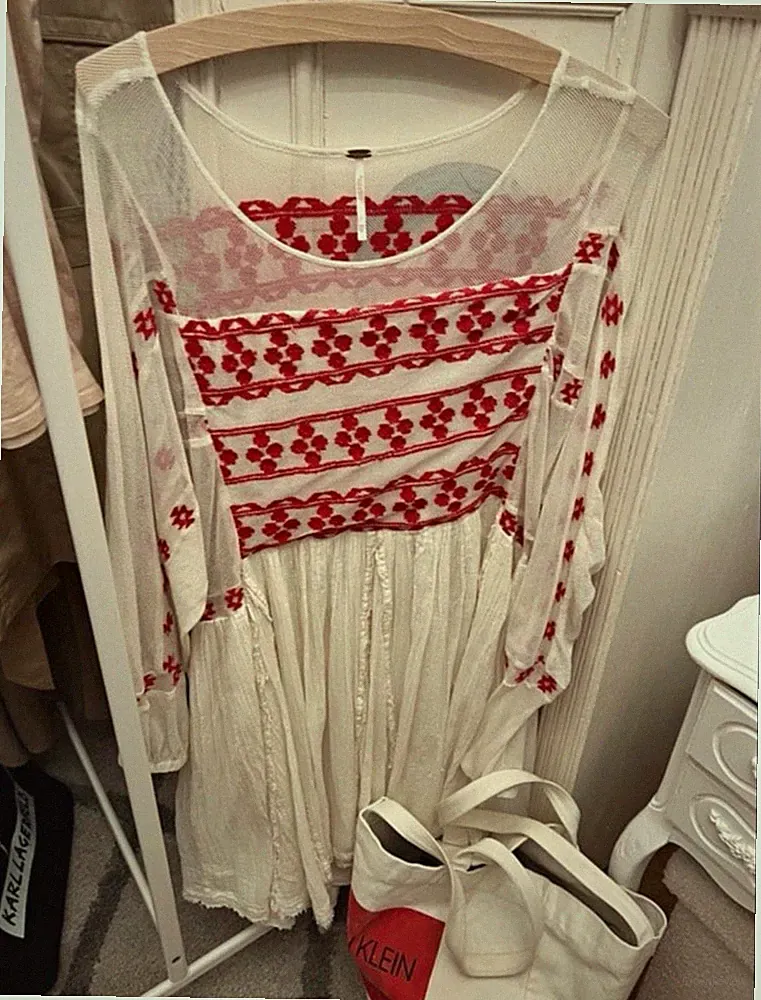 Free People Damen Tunika XS- Langarm Rundhals Netz bestickt Weiß/Rot