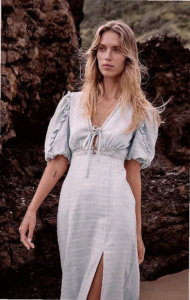 🌿 Free People Pale Blue Midikleid Boho Vintage Cottage Maxikleid Hochzeitsgast